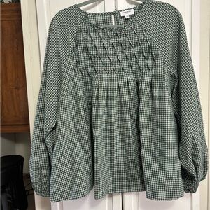Smocked Gingham Peasant Blouse in Green